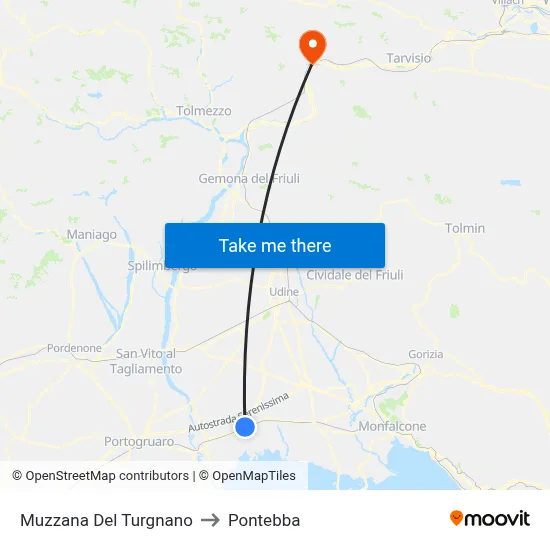 Muzzana Del Turgnano to Pontebba map