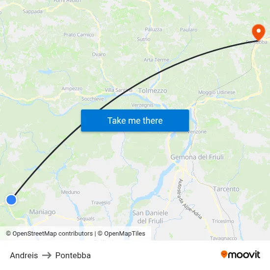 Andreis to Pontebba map