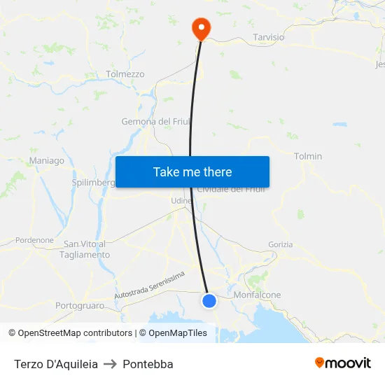 Terzo D'Aquileia to Pontebba map