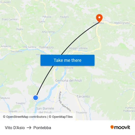 Vito D'Asio to Pontebba map