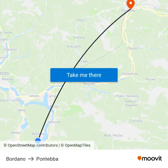Bordano to Pontebba map
