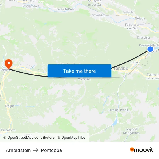 Arnoldstein to Pontebba map