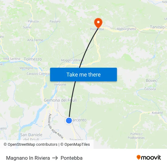 Magnano In Riviera to Pontebba map