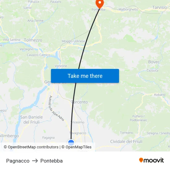 Pagnacco to Pontebba map