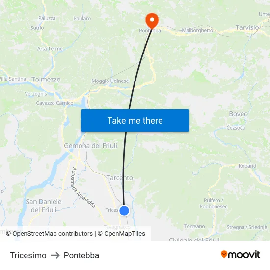 Tricesimo to Pontebba map