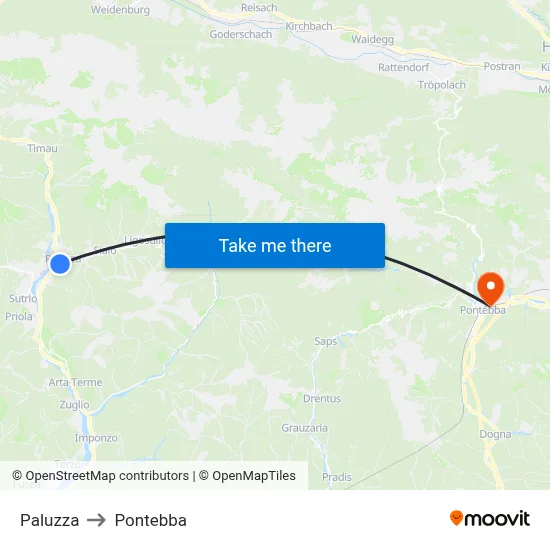 Paluzza to Pontebba map
