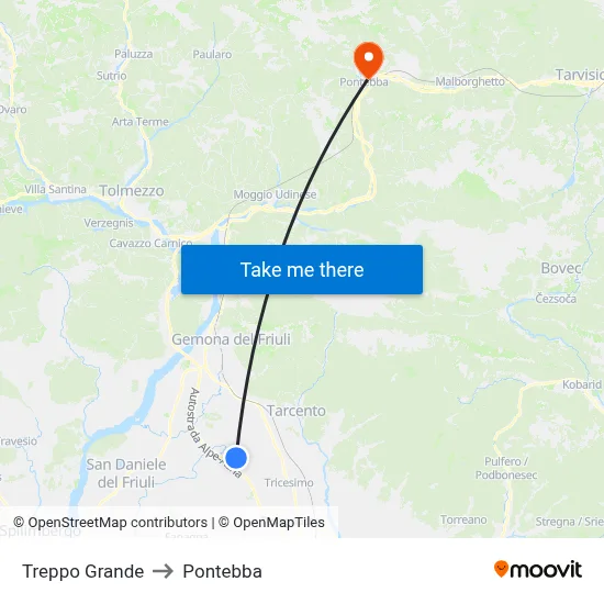 Treppo Grande to Pontebba map