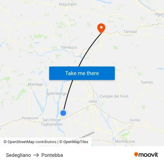 Sedegliano to Pontebba map