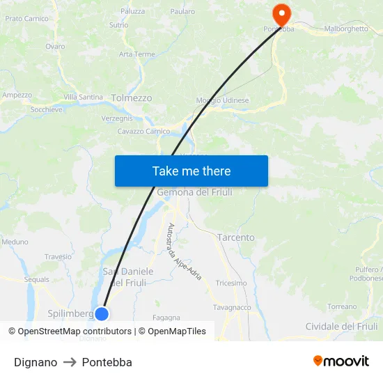 Dignano to Pontebba map