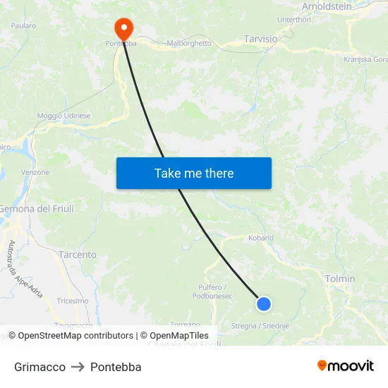 Grimacco to Pontebba map