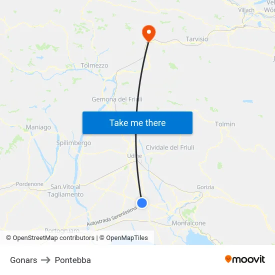 Gonars to Pontebba map
