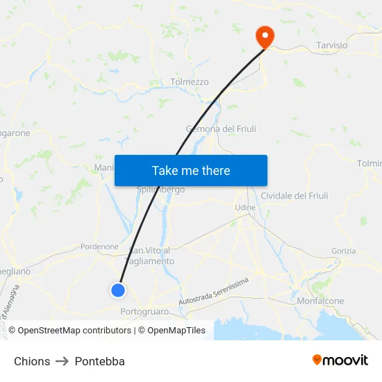 Chions to Pontebba map