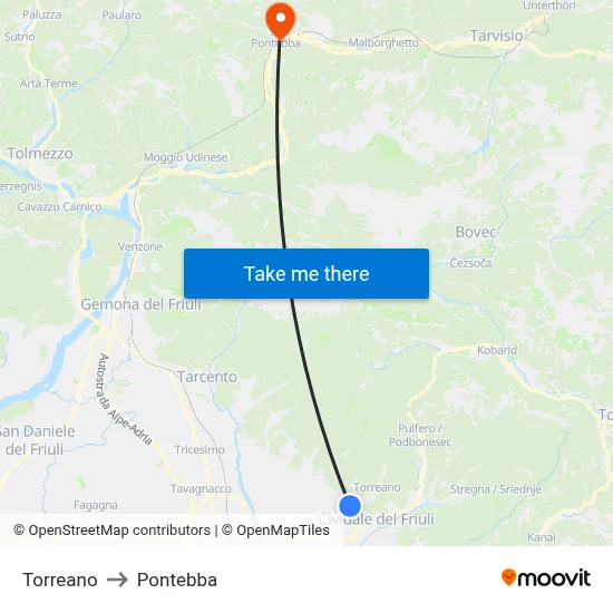 Torreano to Pontebba map