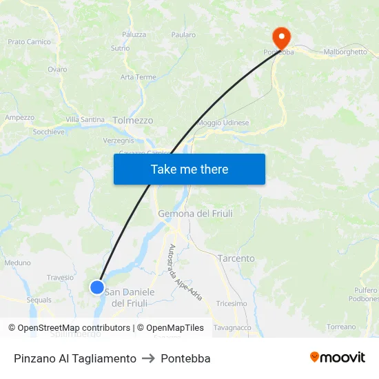 Pinzano Al Tagliamento to Pontebba map