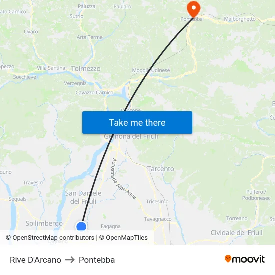 Rive D'Arcano to Pontebba map
