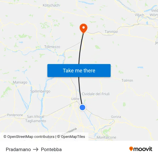 Pradamano to Pontebba map