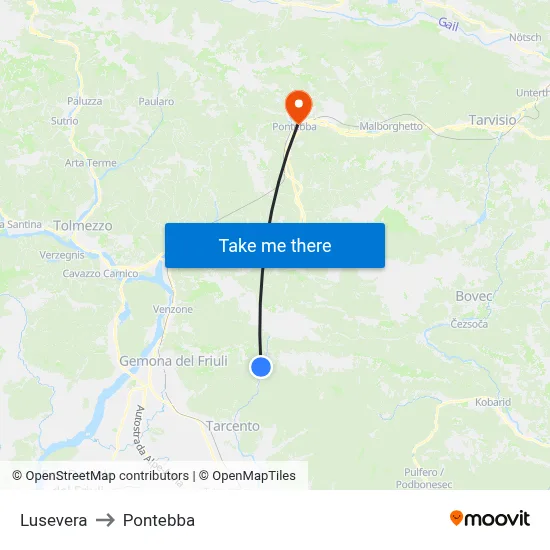 Lusevera to Pontebba map