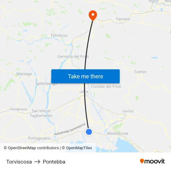 Torviscosa to Pontebba map