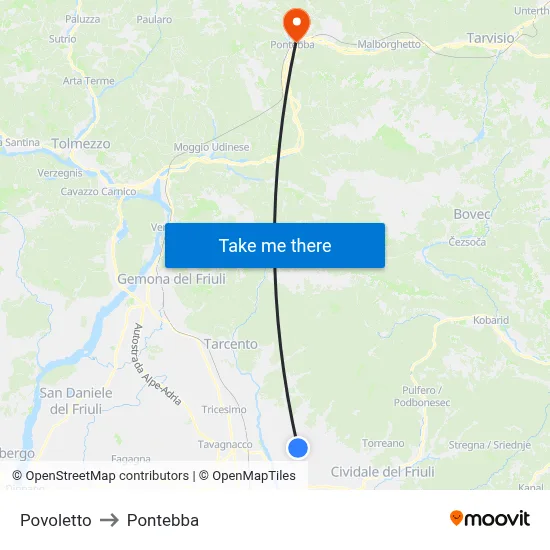 Povoletto to Pontebba map
