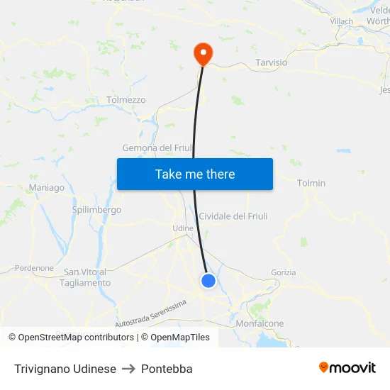 Trivignano Udinese to Pontebba map