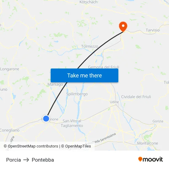 Porcia to Pontebba map