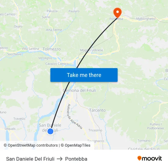 San Daniele del Friuli to Pontebba map
