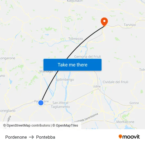 Pordenone to Pontebba map