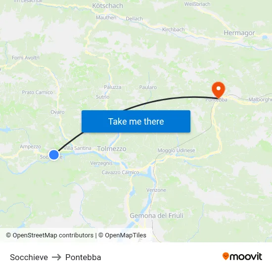Socchieve to Pontebba map