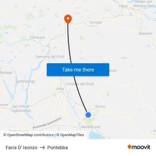 Farra d'Isonzo to Pontebba map
