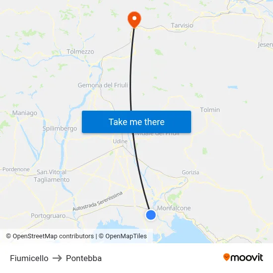 Fiumicello to Pontebba map