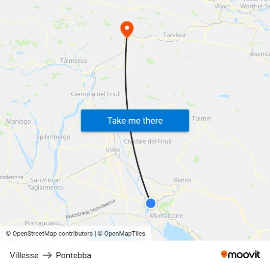 Villesse to Pontebba map
