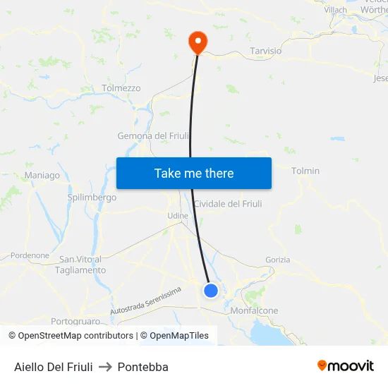 Aiello Del Friuli to Pontebba map