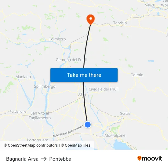 Bagnaria Arsa to Pontebba map