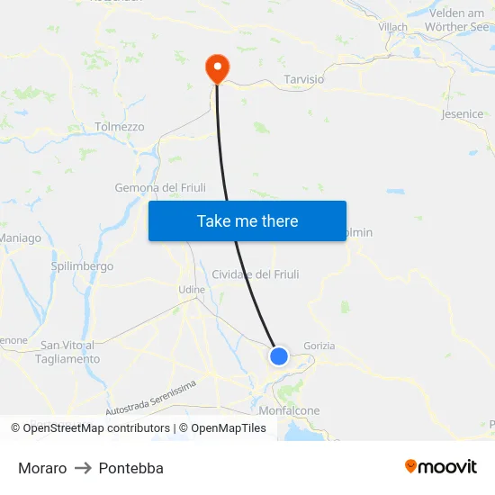 Moraro to Pontebba map