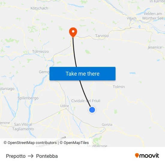Prepotto to Pontebba map