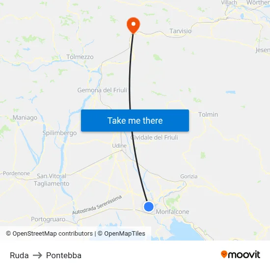 Ruda to Pontebba map
