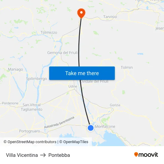 Villa Vicentina to Pontebba map