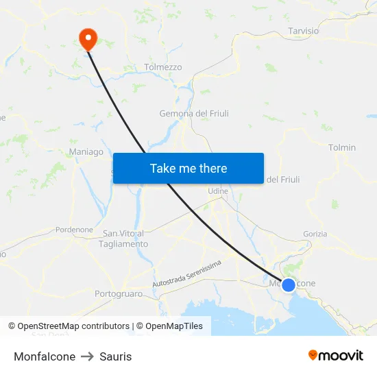 Monfalcone to Sauris map