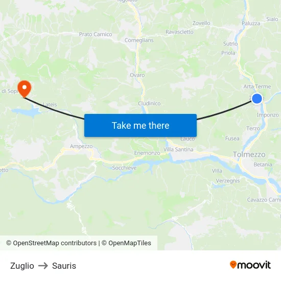 Zuglio to Sauris map