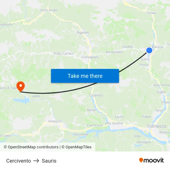 Cercivento to Sauris map