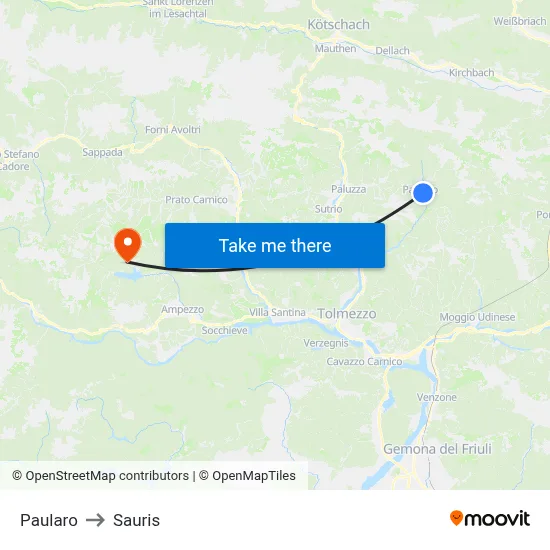 Paularo to Sauris map