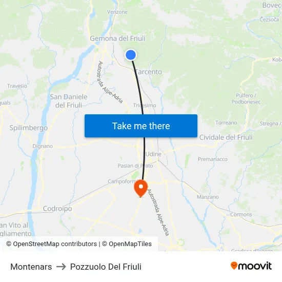 Montenars to Pozzuolo del Friuli map