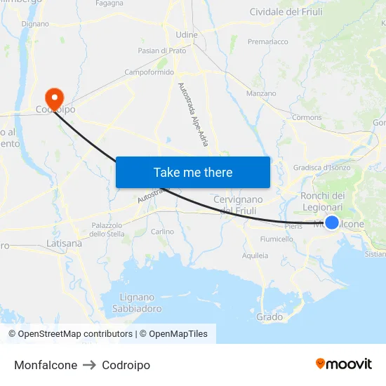 Monfalcone to Codroipo map