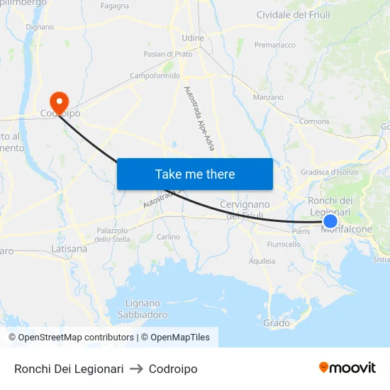 Ronchi Dei Legionari to Codroipo map