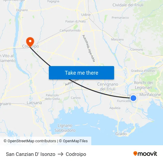San Canzian D' Isonzo to Codroipo map