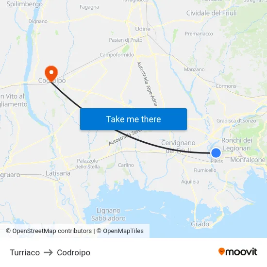 Turriaco to Codroipo map