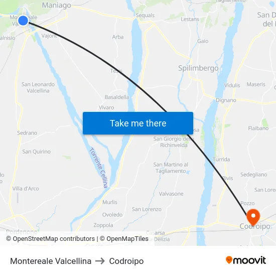 Montereale Valcellina to Codroipo map