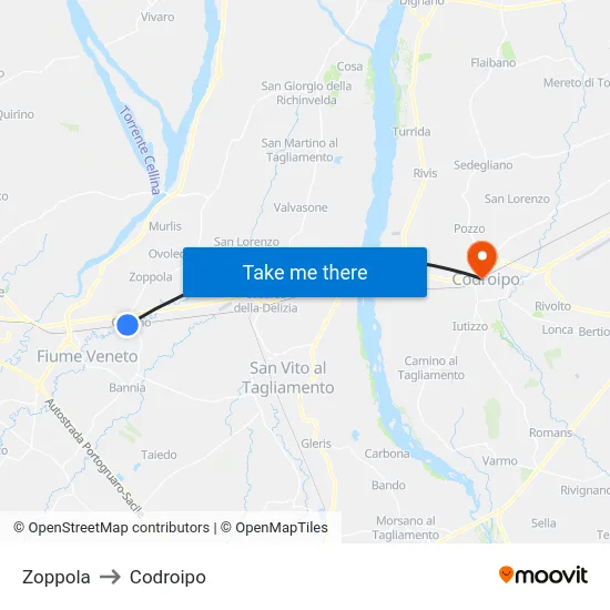 Zoppola to Codroipo map