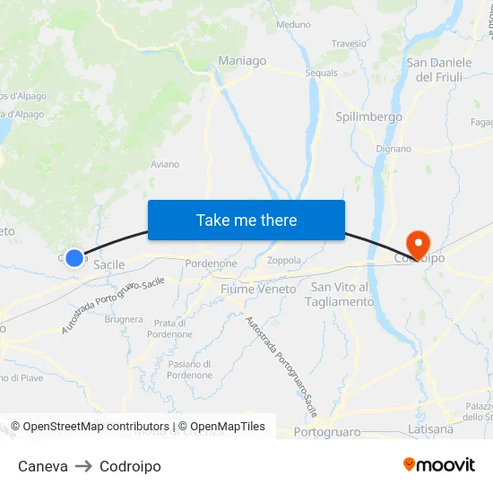Caneva to Codroipo map