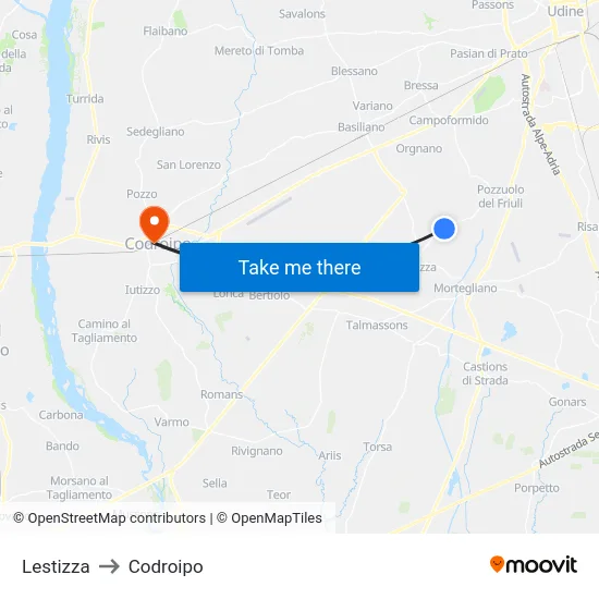 Lestizza to Codroipo map